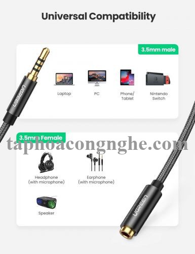 Ugreen 60845 0.5M màu đen 3.5mm 3 ngấn nối dài Cáp âm thanh dây bện nylon 50cm hỗ trợ micro AV118 30060845